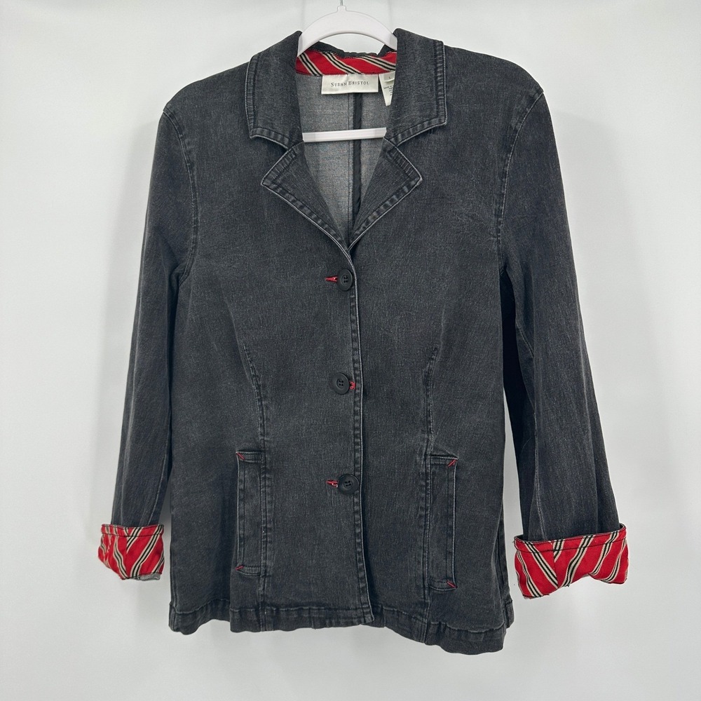 Susan Bristol Womens Preppy Black Denim Jacket Size L Nautical Minimalist Office